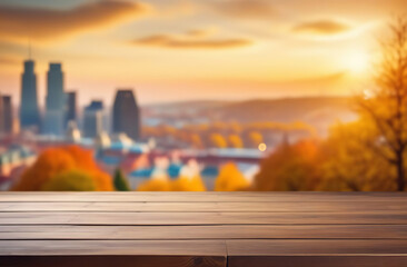 Wood table on bokeh blurred autumn city background. Building outside for display or montage mock up products. Wooden tabletop counter against blur fall town panorama. Plank floor and cityscape view.