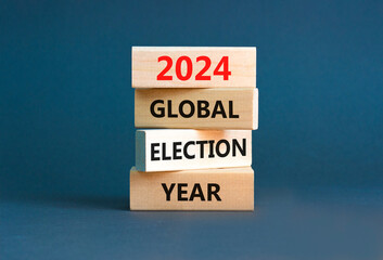 2024 global election year symbol. Concept words 2024 global election year on beautiful wooden block. Beautiful grey table grey background. Business 2024 global election year concept. Copy space.