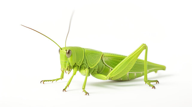 grasshopper isolated on a white background with green leaves