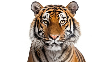 Fototapeta premium Close-up of a Sumatera tiger's head isolated against a stark white background