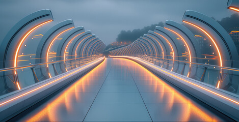 A high tech bridge, futuristic, no cars, evening scene. Generative AI.