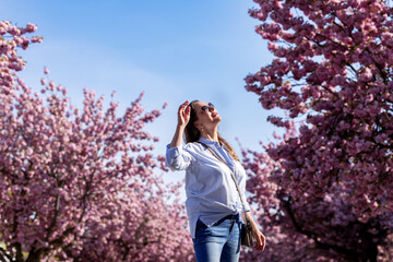 woman among pink sakura blossoms illuminated by the sun against a blue sky background