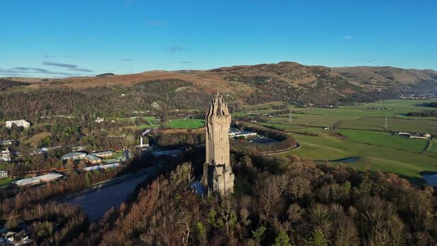 Drone footage of the tower of National Wallace Monument in Stirling, Scotland, United Kingdom
