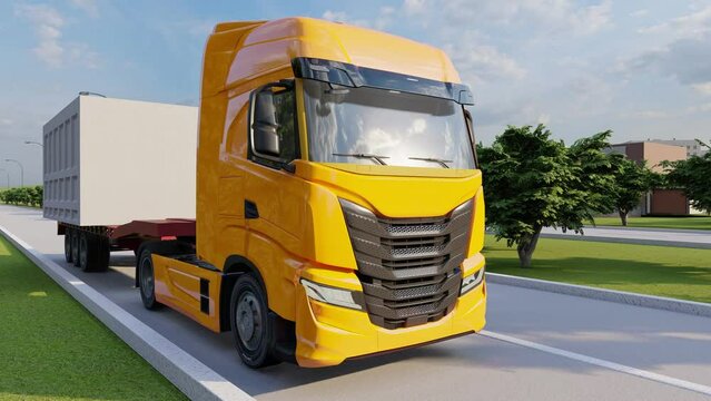 3D rendering Freight vehicle transporting concrete modul construction. Panel modul on trailer truck. Construction of multi-storey buildings.