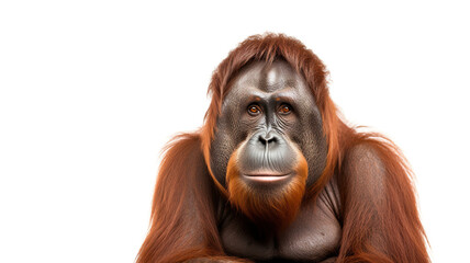A lone orang utan against a stark white background