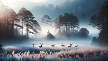a serene winter scene in Khao Yai featuring six wild deer in a sparse forest with an early morning mist