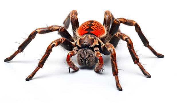 On a background of pure white, an isolated Poecilotheria regalis tarantula