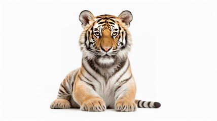 An isolated young Bengal tiger portrait on a stark white background