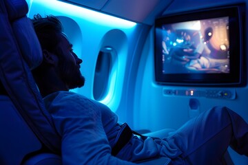 Man watching movie on entertainment on plane 