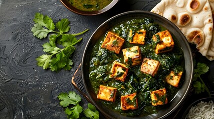 Indian saag paneer creamy spinach and fenugreek curry with paneer cheese, served with rice or naan...