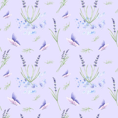 Seamless pattern with frames of purple lavender flowers, bow and butterfly. Watercolor hand drawn illustration background with floral plants stylized. Template for fabric, wallpaper, textile, tiled.