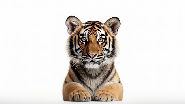 An isolated young Bengal tiger portrait on a stark white background