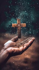 Wooden Cross Suspended over Hand with Sparkling Sand