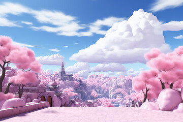 Breathtaking view of fantasy tranquility city filled with pink cherry blossoms, set against beautiful, cloudy sky. Dreamlike landscape with serene and magical springtime setting
