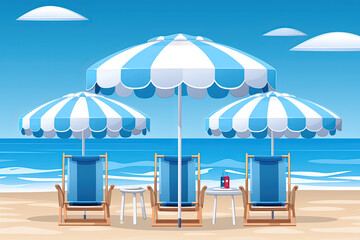 Obraz premium Three chairs under umbrellas on a sandy beach, with the ocean in the background