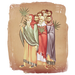 People with palm leaves meet Jesus. Christian illustration in Byzantine style isolated