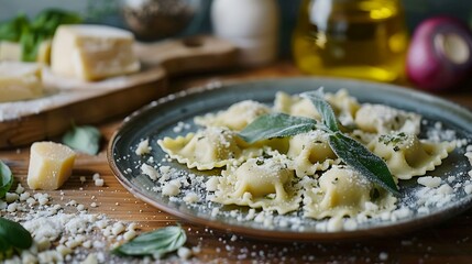 Italian agnolotti pasta filled with ricotta and spinach, served with sage butter sauce and grated Parmesan