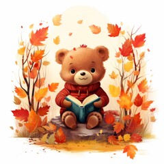 Colorful illustration of a cute bear in a striped sweater sits on a stump and reading a book, surrounded by falling autumn foliage