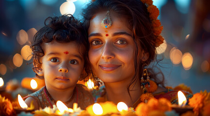 Obraz na płótnie Canvas Smiling woman with a young child in a festive diwali setting with diya and cultural attire,ai generated