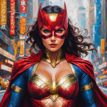 Oil Painting Close Up Female Superhero With Red Mask And Long Brown Hair
