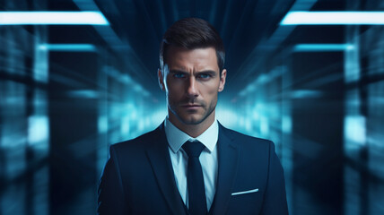 Fototapeta premium Portrait of businessman with blue background