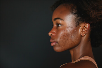 Profile of young African American woman with acne, skin problem
