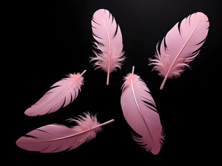 pink feathers flying down, soft blue background.
