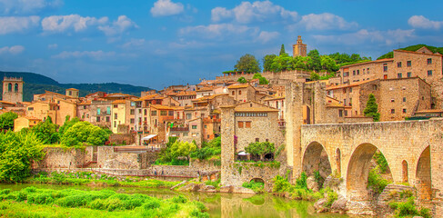 Old Spanish town, the former fortress with blue sky. Besalu, Spain.