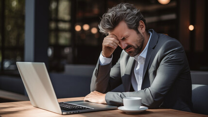 Obraz premium Stressed businessman feeling tired and headache on laptop