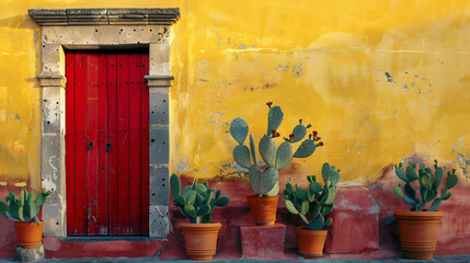 A red door with cactus plants near a yellow cottage. Generated by artificial intelligence.