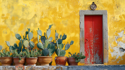Fototapeta na wymiar A red door with cactus plants near a yellow cottage. Generated by artificial intelligence.