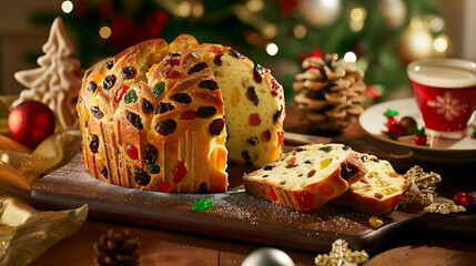 Italian panettone sweet bread loaf studded with candied fruit, served sliced with espresso or sweet wine