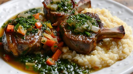Italian ossobuco Milanese braised veal shanks with vegetables, white wine, and gremolata, served with risotto alla Milanese