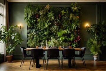 Fototapeta na wymiar Cafe, restaurant with vertical garden on the wall. Architecture, decor, eco concept