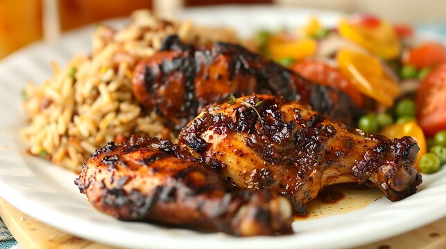 Jamaican Jerk Chicken Marinated In Spicy Jerk Seasoning, Grilled, And Served With Rice And Peas