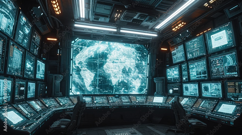 Poster A monitor wall with a massive screen and some smaller screens surrounding it in a futuristic military base. Generative AI.