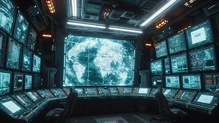 A monitor wall with a massive screen and some smaller screens surrounding it in a futuristic military base. Generative AI.
