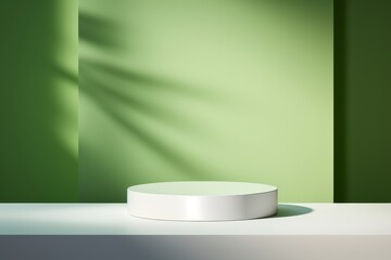 Minimalistic white round podium on a table with green shadow backdrop, ideal for product display