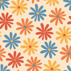 Fototapeta na wymiar Floral retro seamless pattern. Multicolored flowers hand drawn background 70s style
