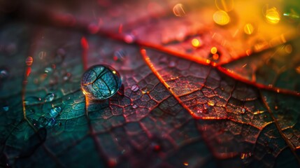 A single drop of water rests perfectly on top of a green leaf - obrazy, fototapety, plakaty