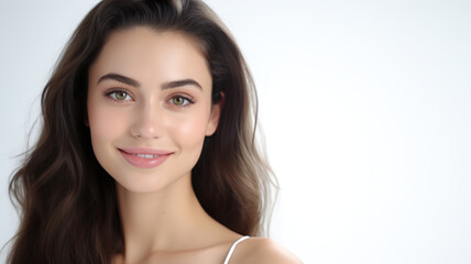 Gorgeous woman with a radiant smile posing alone against a stark white background