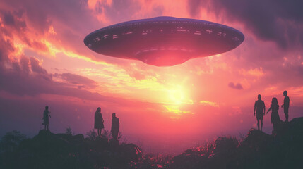 people on the tops of the mountains stand and look at a flying saucer, flying among the sunset sky, red light - obrazy, fototapety, plakaty