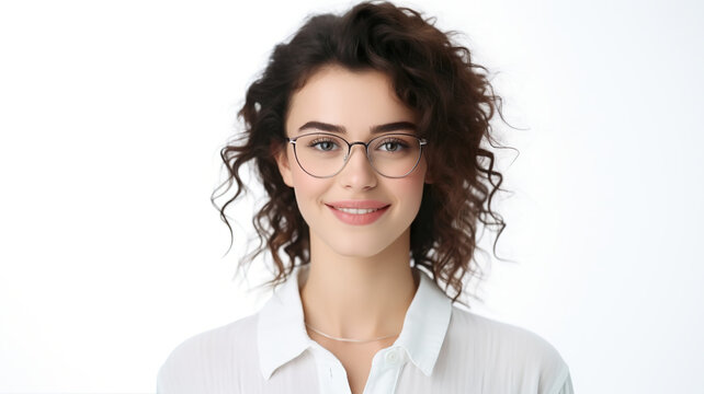 On a background of pure white, a lovely smiling woman wearing transparent glasses is isolated.