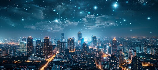 Illuminated Wonders: A Vibrant Tapestry of a Smart City's Nightscape Enhanced by Cutting-Edge IoT Solutions, Showcasing the Seamless Integration of Technology for a Futuristic Urban Experience - obrazy, fototapety, plakaty