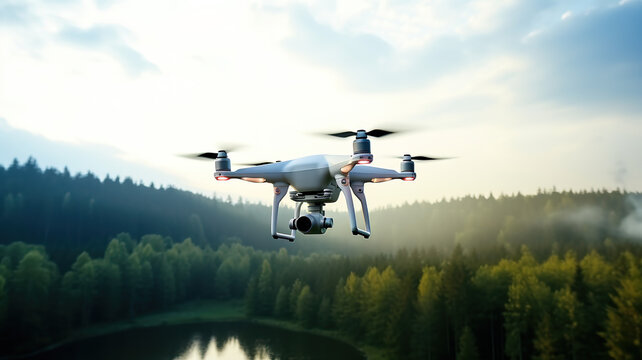 Isolated quadcopter flying in the outdoors against a stark white background