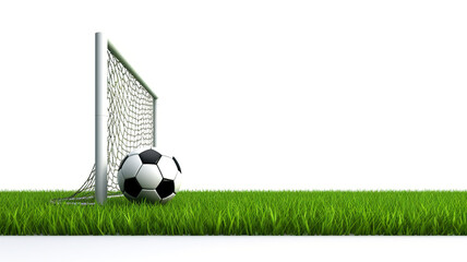 A soccer ball, a goal post, and a verdant field are isolated on a stark white background.