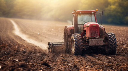 Fototapeta premium tractor plows the field, cultivates the land, agricultural land of the farmer, plants, dirt