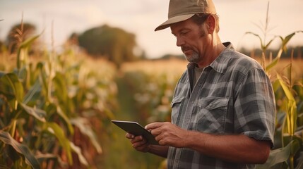 Naklejka na ściany i meble A modern farmer in a corn field using a digital tablet to review harvest and crop performance. Generative AI.