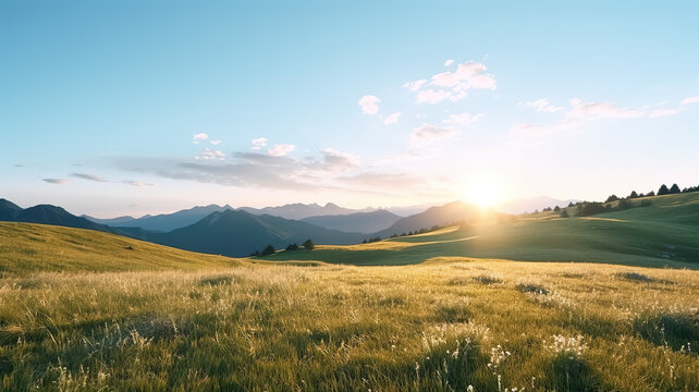 A mountaintop sunrise surrounded by solitary meadows against a stark white background