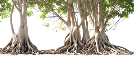 Isolated on a stark white background are the banyan tree's roots and stems.
